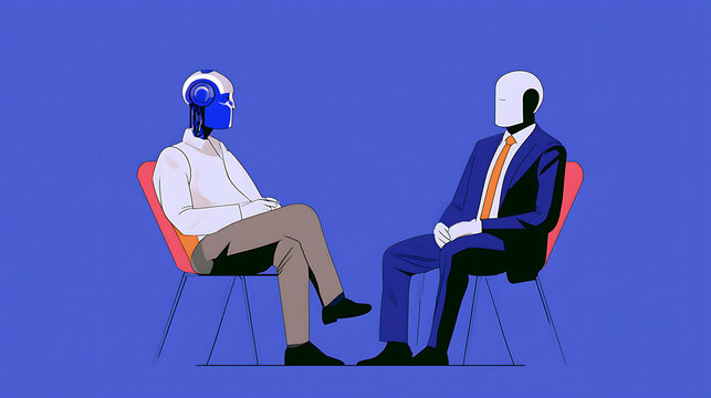 Two humanoid robots sitting face to face in a professional interview setting. Concept of artificial intelligence recruitment, automated hiring, robotic workforce and future of employment.