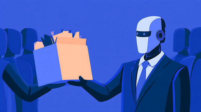Futuristic humanoid robot in business suit receiving office documents from human employee. Concept of artificial intelligence replacing workers, job automation, workforce transformation and technologi