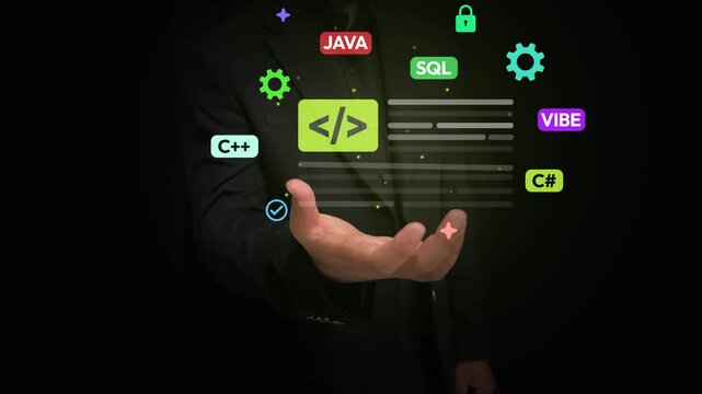 Man presenting digital programming concept with coding languages and icons isolated on black 4k footage 
