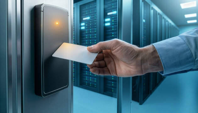 A person's hand inserts a blank white keycard into an electronic card reader for access control verification, with modern data center server racks blurred in the bright blue background.