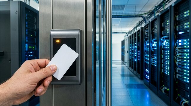 A close-up shot of a hand tapping a blank white security keycard onto an electronic reader at a door entrance, with rows of active server racks blurred in a modern data center background.