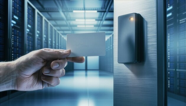 A close-up shot of a hand holding a blank white keycard towards an electronic scanner device on a wall, with blurry rows of high-tech data server racks in a bright modern data center corridor.