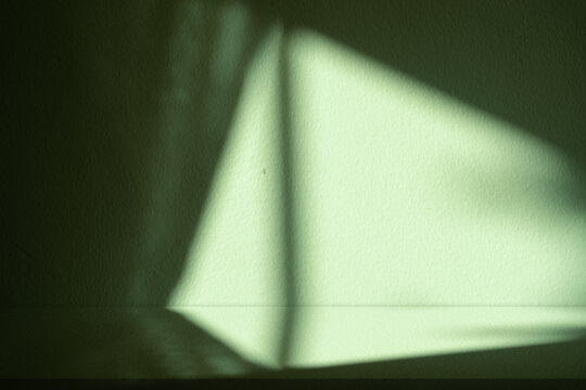 Green background with dramatic window shadow and sunlight on textured cement wall and floor, dark minimalist studio interior with empty space for product display, nature branding and spring design.