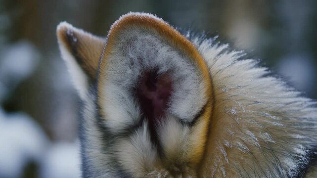 Extreme macro photorealistic cinematic footage of a single wolf ear with delicate frost
