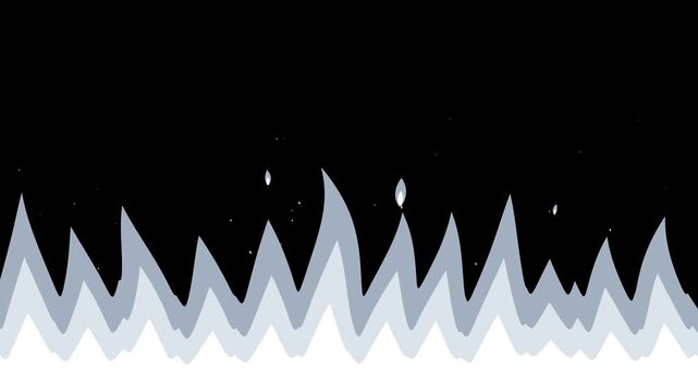White Anime Fire Border Burning Along Bottom Edge, Cel Shaded Cartoon Flames with Sparks on Black Background, Seamless Loop