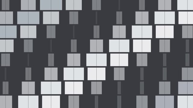 A dark gray background features scattered light gray rectangular blocks arranged in a rhythmic grid pattern forming a clean looping motion design.