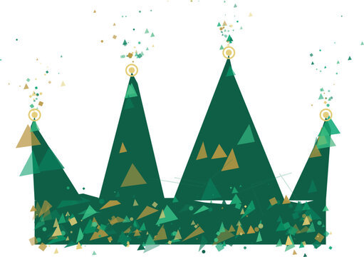 Green geometric crown adorned with golden confetti during celebration against white background