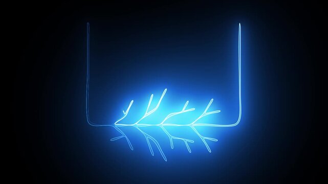 Glowing Blue Neon Botanical Branch and Leaf Outline on Dark Background, Futuristic Nature Inspired Digital Animation with Luminous Lines and Elegant Minimalist Organic Design