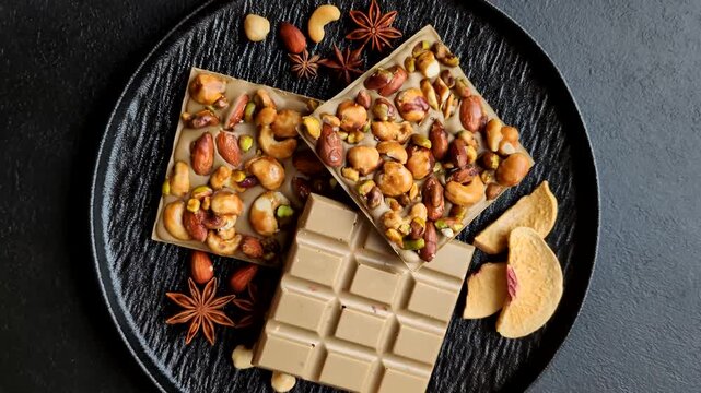 A bar of sugar free white chocolate with pistachios, almonds, and hazelnuts. A white chocolate bar