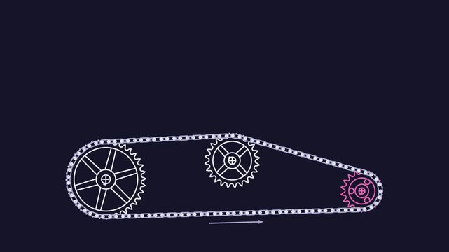 Seamless 4K looping engineering animation: chain drive three sprockets turning. Clean vector mechanism diagram with motion arrows and blank callout tags in blue and steel on a dark background, leaving