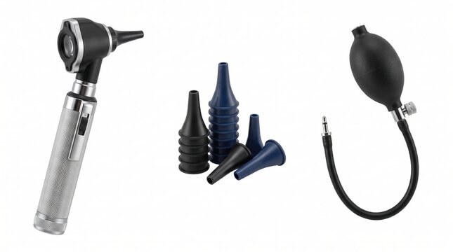 Otoscope diagnostic tool with set of interchangeable specula tips and a black rubber inflation bulb for pneumatic ear examination