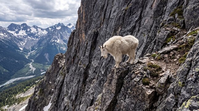 Mountain Goat Standing on a Steep Rocky Cliff, Agile Alpine Wildlife in a Rugged High-Altitude Wilderness

