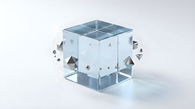 Abstract 3d render of a transparent glass cube surrounded by floating metallic geometric shapes and spheres, symbolizing digital technology, innovation, and modern data structure design