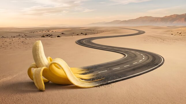A peeled banana rests in a desert landscape  its yellow peel seamlessly transitioning into a curving asphalt road that vanishes into the horizon amid rolling dunes and hazy mountains