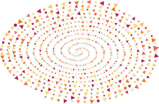 Abstract spiral of colorful triangles and dots in warm tones on white background with copy space