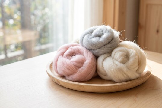 Three bundles of wool roving on a shallow wooden tray