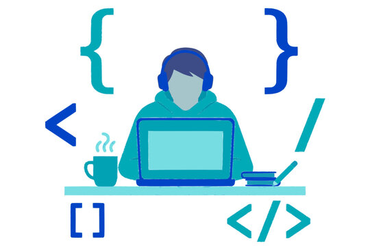 Developer coding on a laptop, flat vector illustration