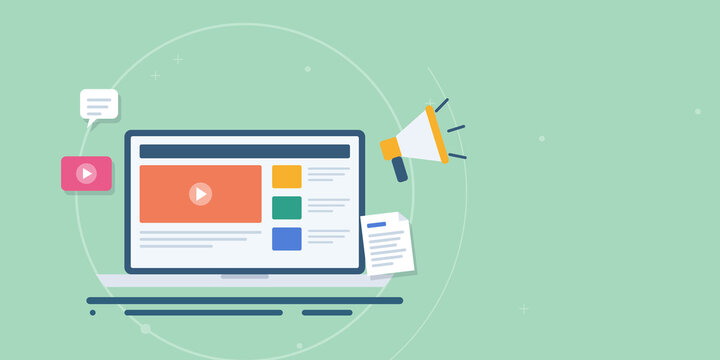 Reaching online audience with news media and native advertising, digital marketing strategy with announcements on laptop.