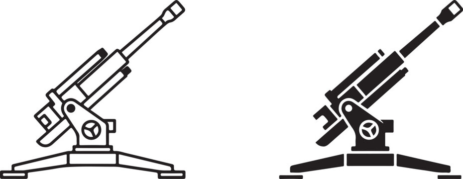 M777 Howitzer Artillery Icon in Black Silhouette and Line Outline Vector.