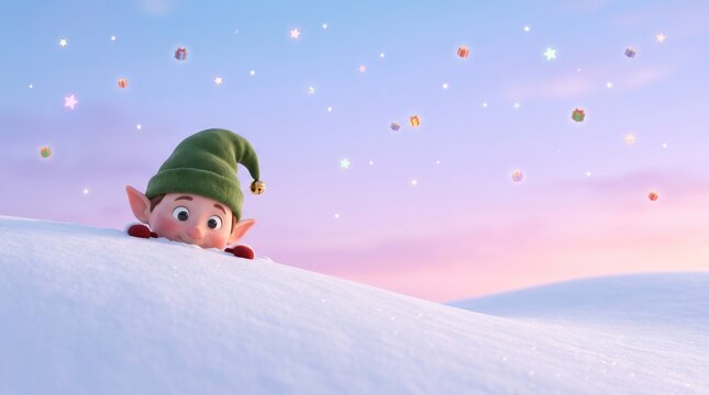 Cute Christmas elf peeking over snowy hill with magical sparkles in pastel sky