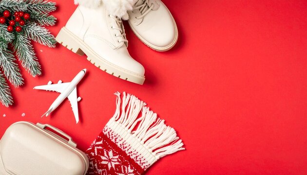 Christmas travel concept, suitcase, airplane, winter accessories, festive holiday