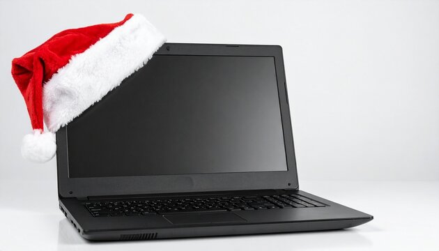 Santa hat on laptop, festive technology, Christmas digital workspace