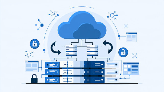 Cloud database architecture illustration cloud at the top connected to distributed server stacks and structured relational tables below sync arrows secure padlock badges network nodes