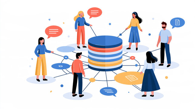 Database collaboration concept in a flat illustration simple people figures around a central shared stack of database layers connected by lines with chat and document icons coral blue