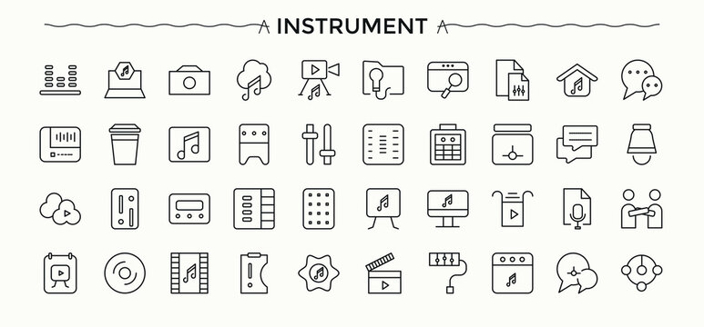 Musical Instruments line icon set. Related to entertainment, guitar, music, sound, bass, concert and more. Instrument icon set. Simple line vector icons. Art and illustration.