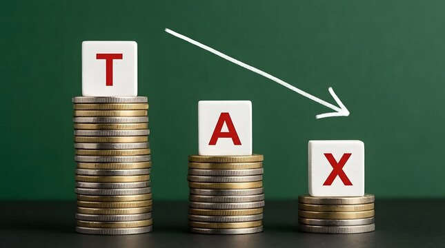 Decreasing tax concept with stacks of coins and a downward trend arrow on green background