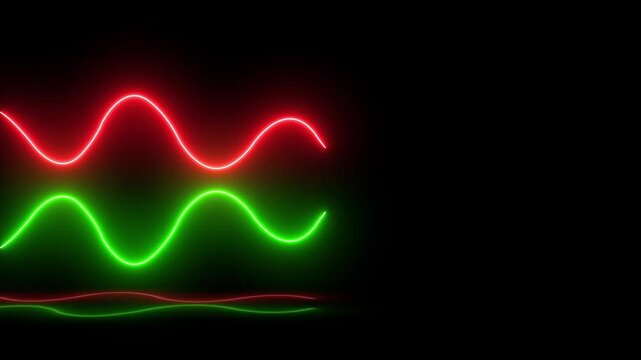 Glowing neon sine wave pattern on a black background showing animation. A seamless loop visualizer for audio frequencies or scientific data with a futuristic glow effect