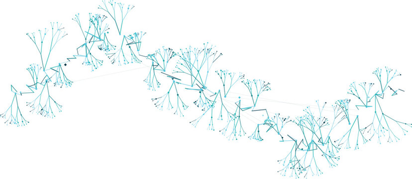 Abstract network of interconnected nodes in a flowing wave pattern against a white background conceptualizing data flow