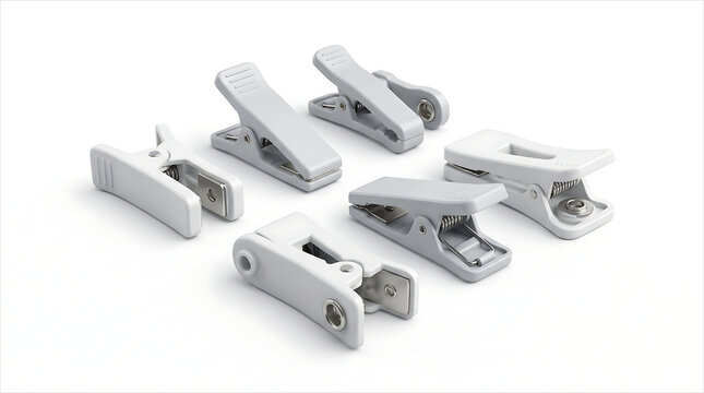 Set of six white ECG electrode clips with metal snap connectors on white background