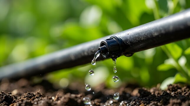 Close-up of a drip irrigation emitter watering young green plants in a garden, providing precise hydration to the soil for sustainable agriculture and efficient water management on a sunny day.