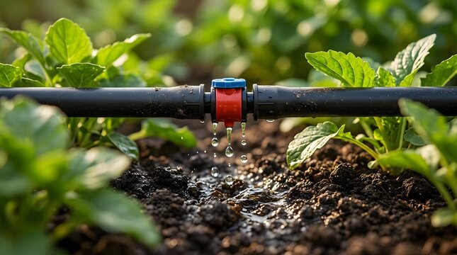 Close-up of a modern drip irrigation emitter watering young green plants in a garden, demonstrating efficient agricultural water management with droplets falling onto fertile soil in a field.