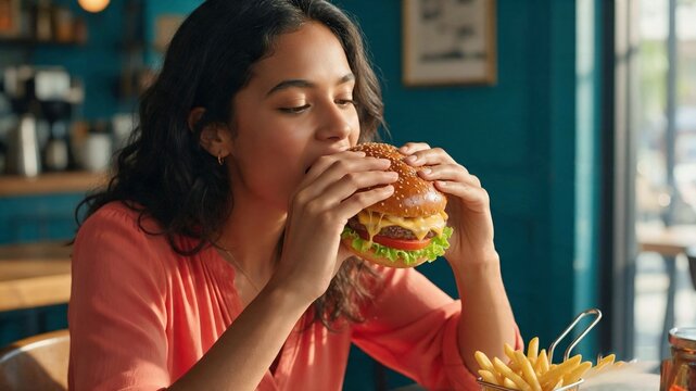 Young woman biting a juicy hamburger beside fries in a warm restaurant setting for food advertising.