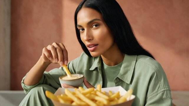 Stylish woman holding a hamburger and fries while looking toward camera for restaurant advertising.
