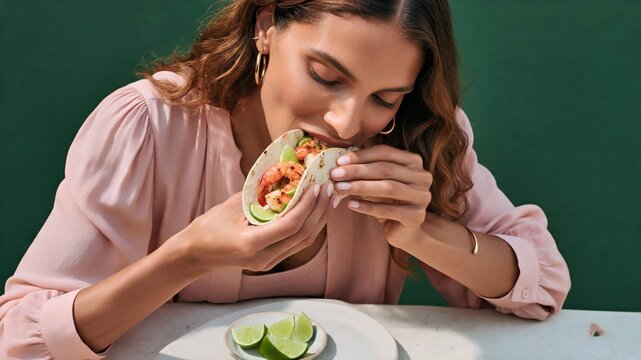 Smiling woman eating a hamburger against a deep green wall for casual food marketing.
