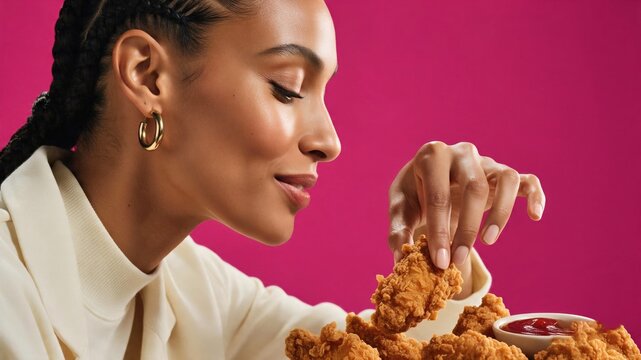 Elegant woman eating a pizza slice against a vivid pink backdrop for restaurant advertising.