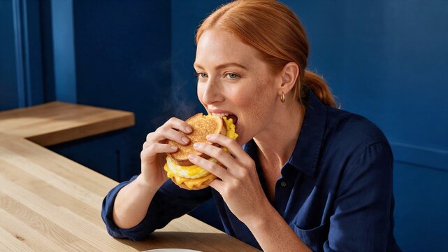 Red haired woman biting a hamburger in a moody blue booth for burger advertising.