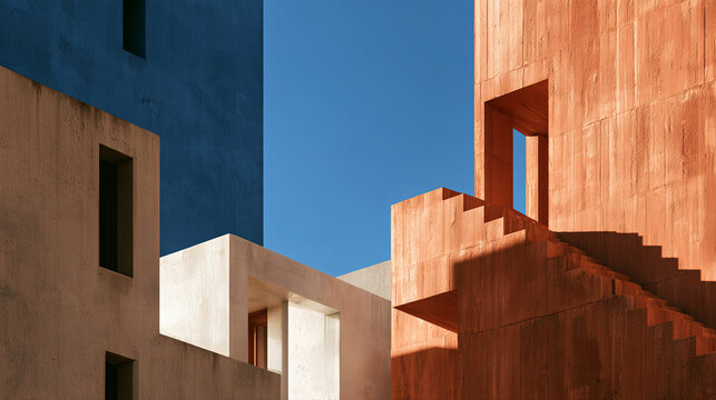 Sunlit terracotta geometric buildings with sharp shadows and clear sky for architecture advertising.
