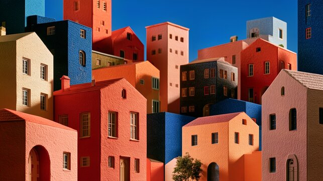 Colorful geometric hillside houses in pink blue orange and teal for playful architecture advertising.