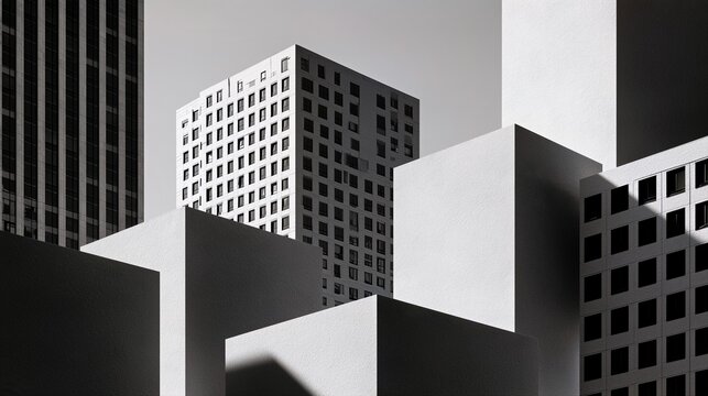 Black and white modern towers with sharp geometric volumes for contemporary architecture advertising.