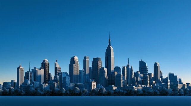 Distant city skyline reflected above calm water under a clear blue sky for travel advertising.