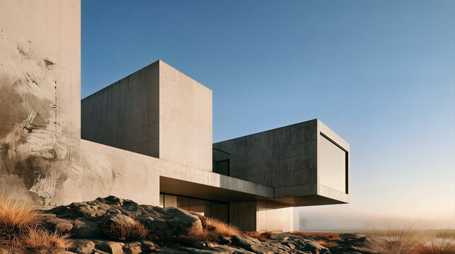 Minimal white cubic buildings standing in an arid landscape under clear blue sky for architecture advertising.