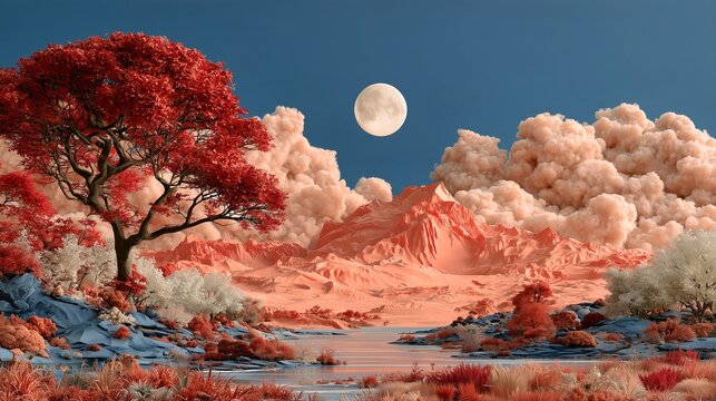 Lone red tree beneath a pale moon and pink clouds in a surreal landscape for editorial use.