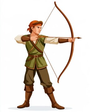 Digital illustration of medieval fantasy archer male character in green tunic drawing longbow with arrow ready to shoot isolated on pure white background