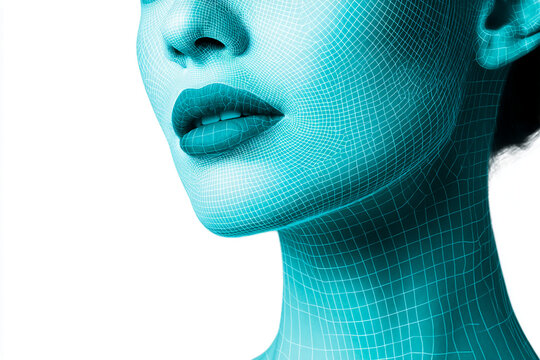 Close-up of a digital face mesh in cyan tones, representing futuristic technology, identity, and digital representation, suitable for tech concepts