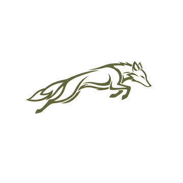 Stylized Jumping Fox or Coyote Line Art Vector Graphic in Moss Green Tone, Minimalist Wildlife Illustration Depicting Motion and Agility Isolated on Plain White Background.