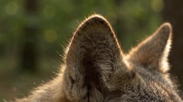 Extreme macro photorealistic cinematic footage of a wild fox ear with sharp alert posture

